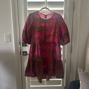 Farm Rio pink leopard tiered mini dress size L
